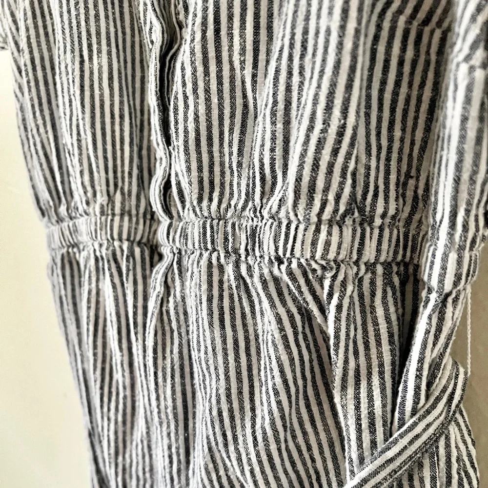 Dark Navy Pinstripe 100% Cotton Maternity Dress Costal Casual Ruffle Sleeve - Picture 3 of 9